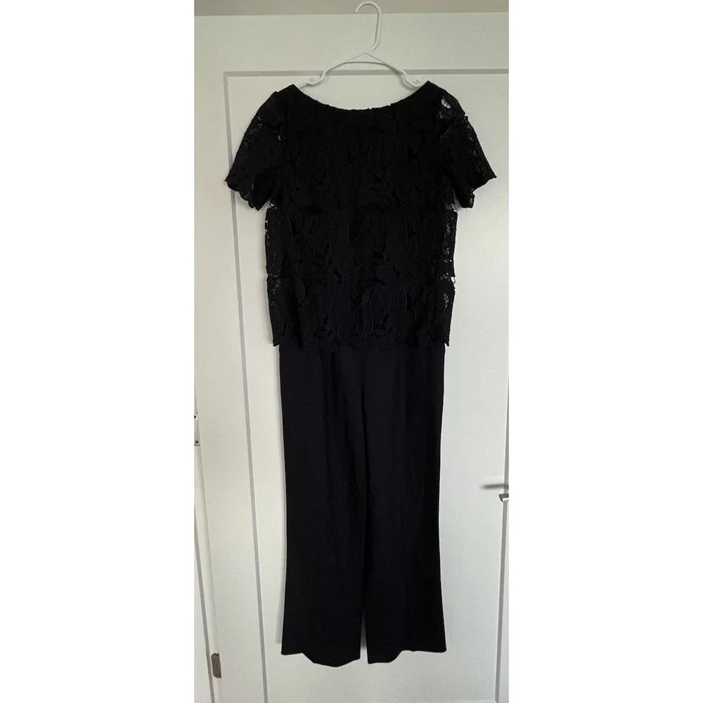 Tory Burch Avalon Jumpsuit Navy Blue Wool Blend Lace Overlay Size 6